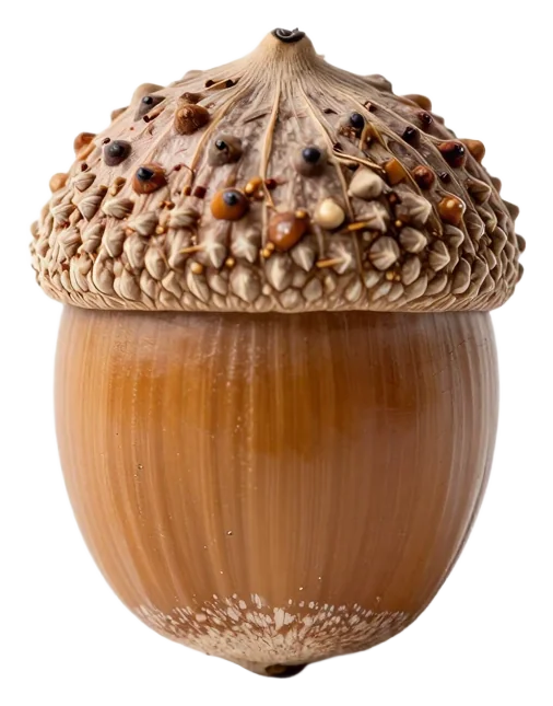 A detailed acorn with a textured cap and glossy body.
