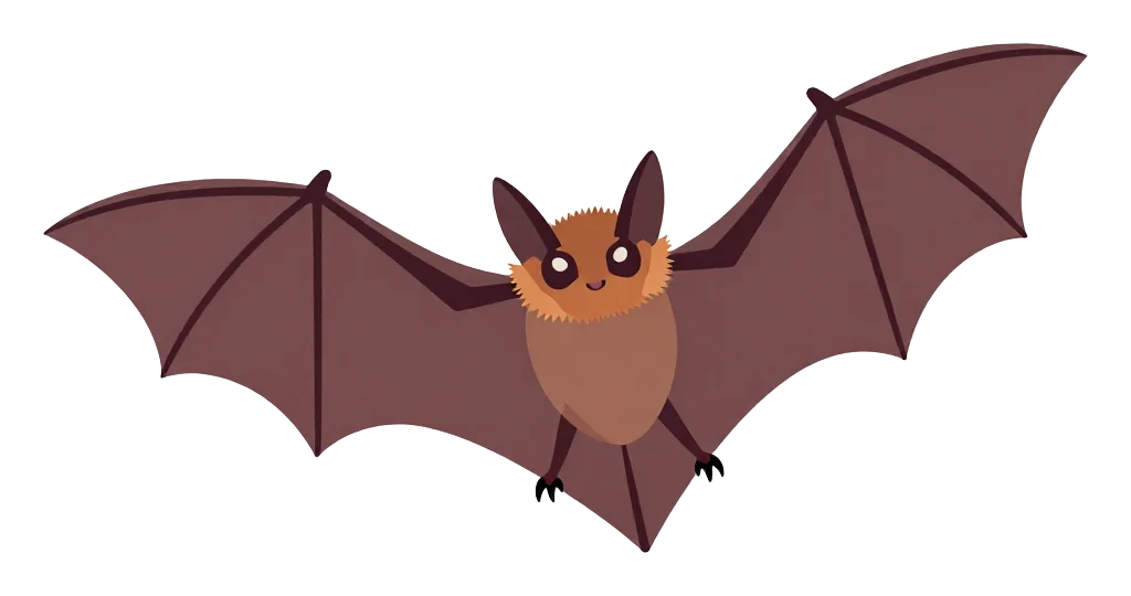A cartoon bat with spread wings flying.