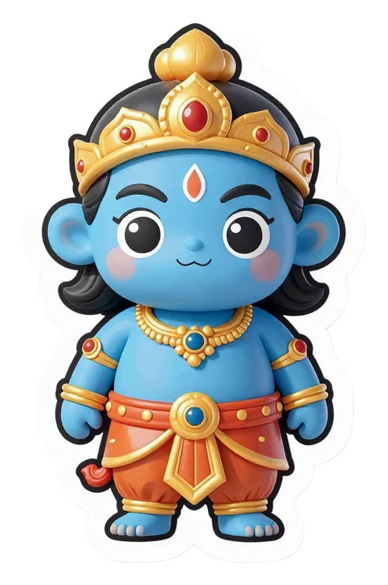 A blue cartoon Ravana effigy with a golden crown and orange waistband.