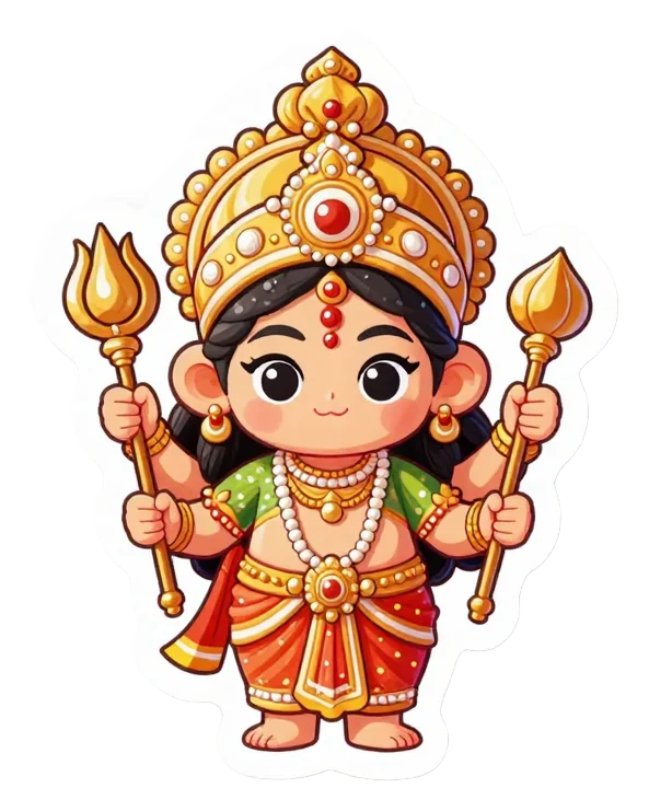 Chibi goddess Durga holding a trishul and a lotus.