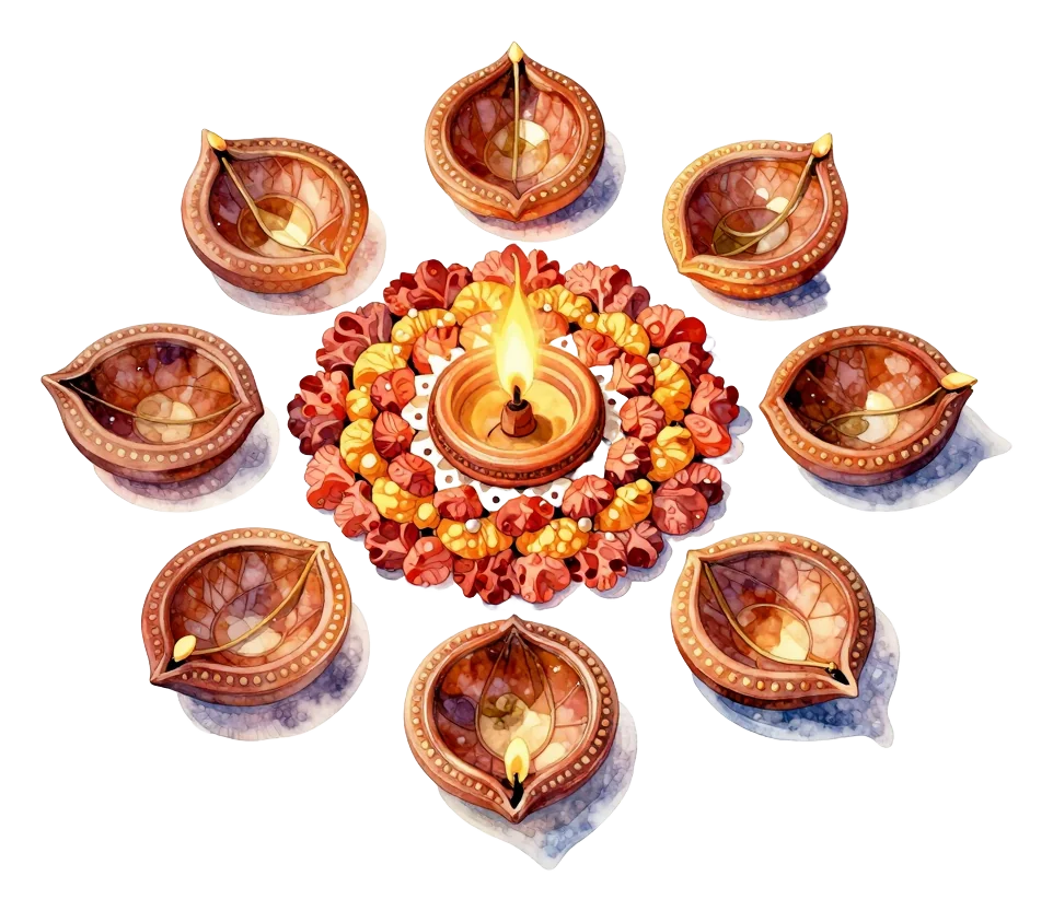Diwali rangoli with oil lamps and flowers.