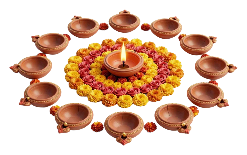 Terracotta diwali rangoli with lit oil lamp and flower pattern.