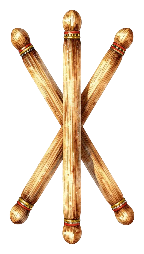 Three crossed wooden dandiya sticks with decorative bands.