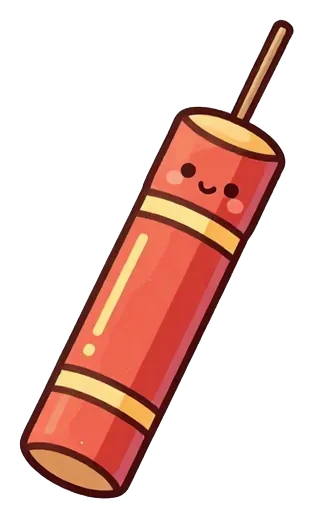 A red cartoon sparkler with a smiling face.