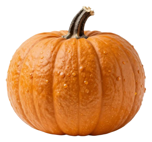 An orange pumpkin with water droplets on its surface.