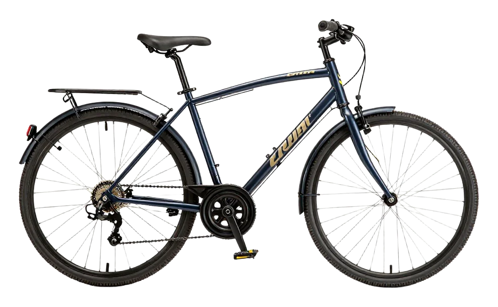 A blue bicycle with spoked wheels.