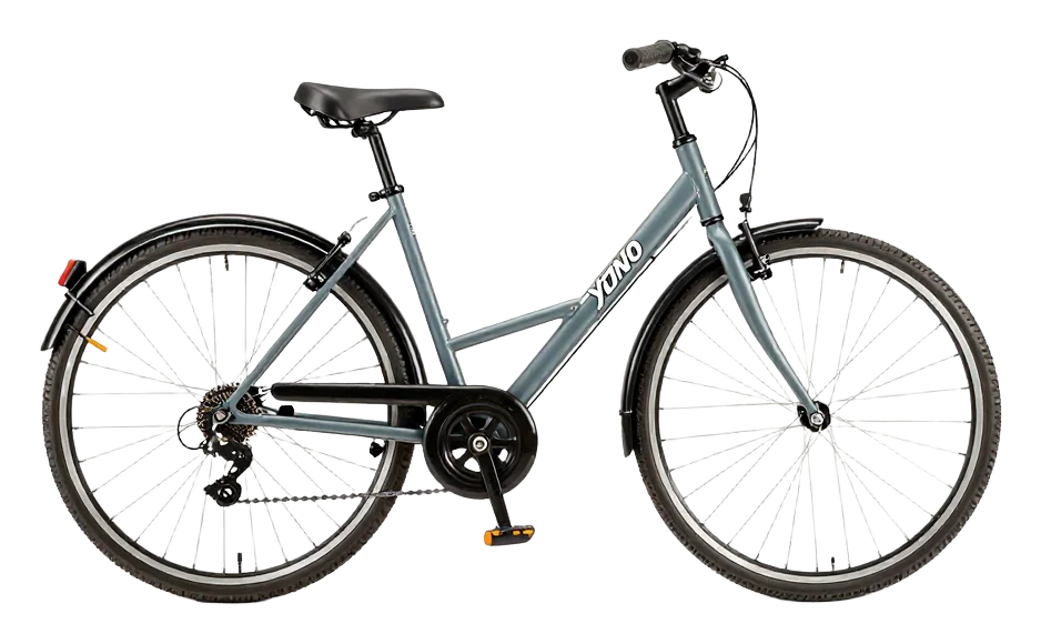 Gray bicycle with spoked wheels.