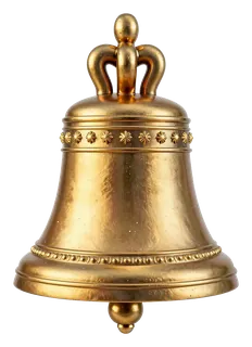 A golden temple bell with decorative patterns.