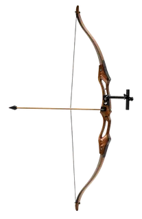 A wooden bow with an arrow nocked.