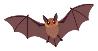 A cartoon bat with spread wings flying.