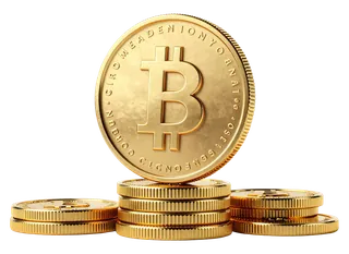 Stack of gold Bitcoin coins with one standing upright.