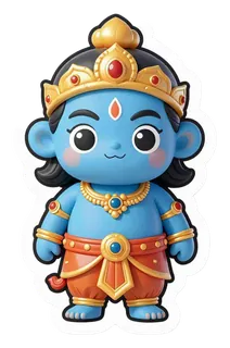 A blue cartoon Ravana effigy with a golden crown and orange waistband.