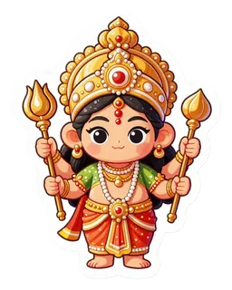 Chibi goddess Durga holding a trishul and a lotus.