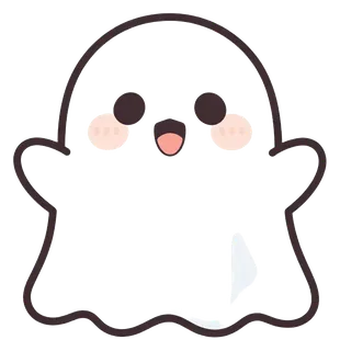 A cute cartoon ghost with big eyes and a smiling expression.