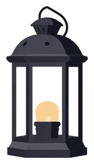 Black lantern with curved top and glowing light.