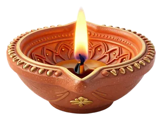 A lit clay diya oil lamp with decorative patterns.