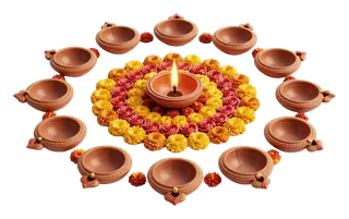 Terracotta diwali rangoli with lit oil lamp and flower pattern.