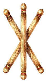 Three crossed wooden dandiya sticks with decorative bands.
