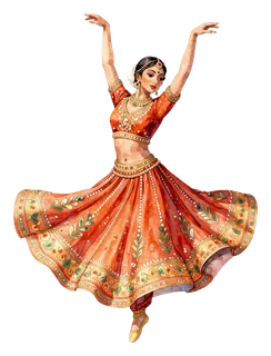 A woman in an orange garba dress dancing with arms raised.