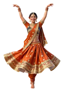 A woman dancing Garba in an orange lehenga with gold details.