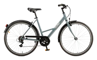 Gray bicycle with spoked wheels.